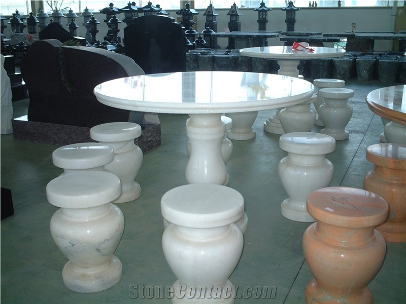 China White Marble Tables & Stool & Chairs, White Marble Bench & Table