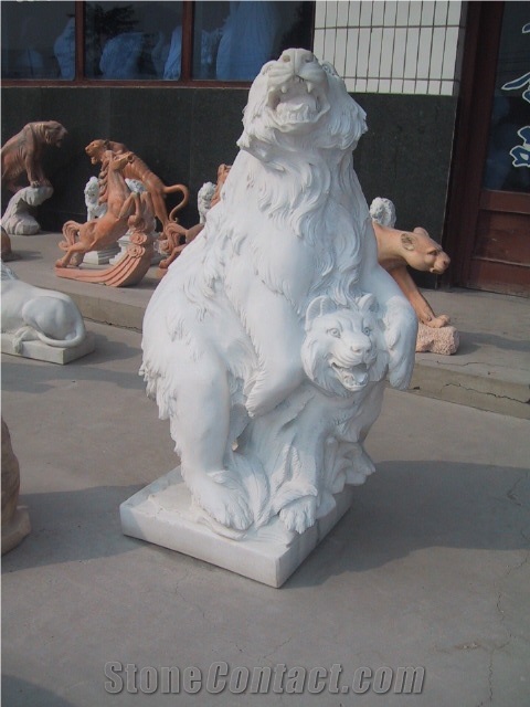 Hand Carved White Jade Marble Tiger Statue & Sculpture