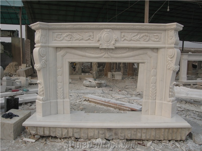 White Marble Fireplace Surround with Hand Carving Flower Hearth Mantel