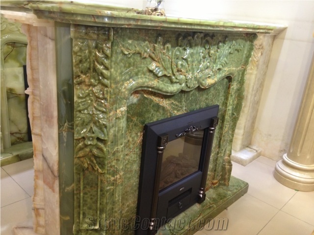 2015 Onyx Green Fireplace China 100% Hand Carved Honed or Polished Factory Wholesale Durable Natural Stone