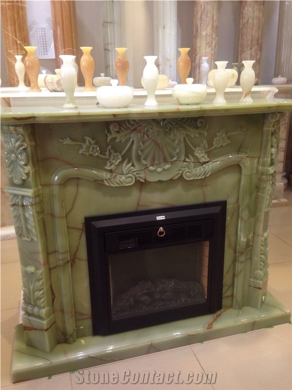 Factory Wholesale China 100% Hand Carved Durable 2015 Natural Stone Onyx Light Green Fireplace Honed or Polished
