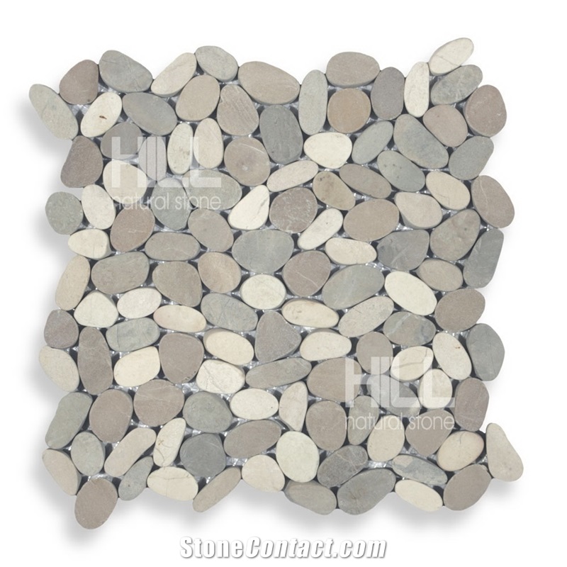 Moroni, Mix Tan Brown,Tan Grey & White Marble Indonesia Sliced Pebbles Mosaic