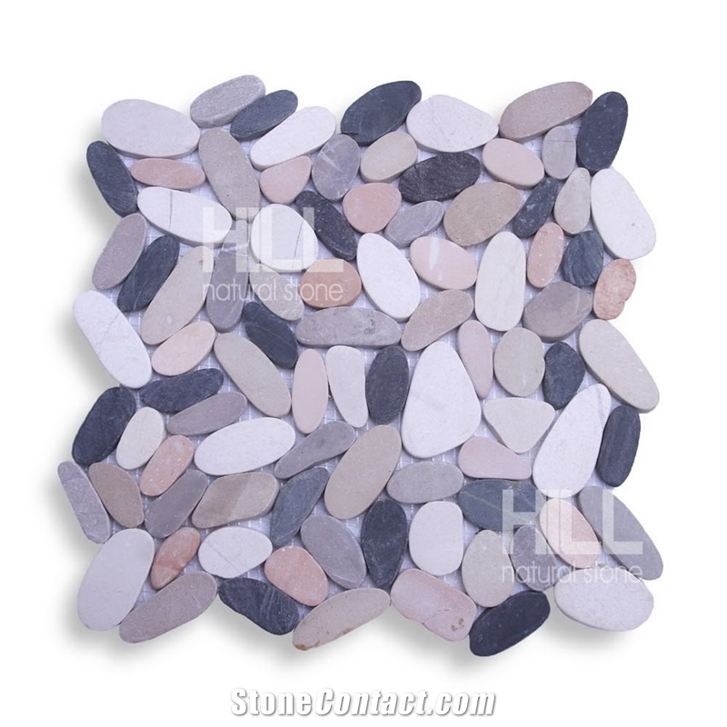 Moroni, Pink,Grey,White & Black Marble Indonesia Sliced Pebble Mosaic