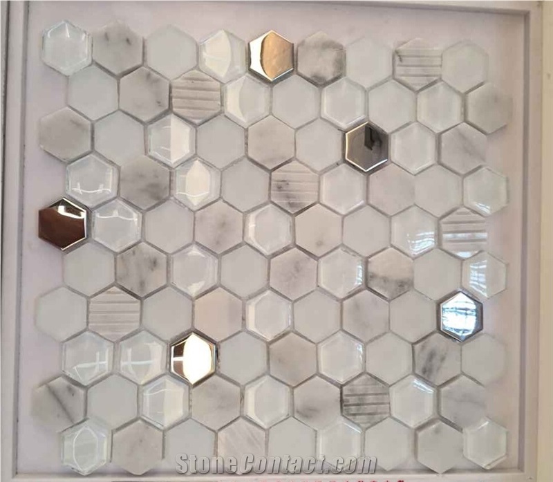 China White Marble Glass Hexagonal Mosaic Mixing Glass Hexagon White A076p 7 Stonecontact Com