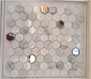 China White Marble + Glass Hexagonal Mosaic Mixing Glass Hexagon White A076p-7