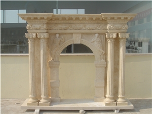 Carved Stone Fireplace,Beige Fireplace Mantel,Marble Fireplace.Western Style Fireplace Decorating for Indoor,Own Factory