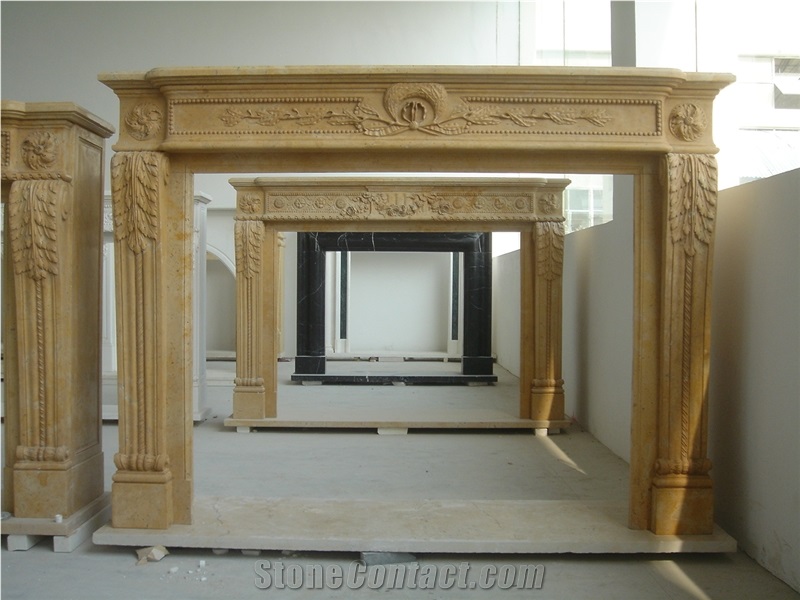 Yellow Marble Fireplace Mantel,Carved Stone Fireplace,Beige Fireplace Mantel,Marble Fireplace Surround