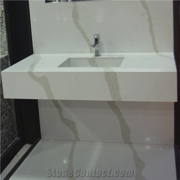 China White Engineered Quartz Stone Kitchen Countertop, Custom Vanity Top