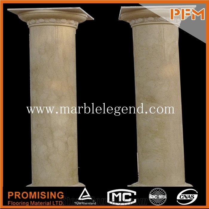 Beige Marble Round Column,Wedding Marble Stone Gate Column, Hand Carved Pillar Design