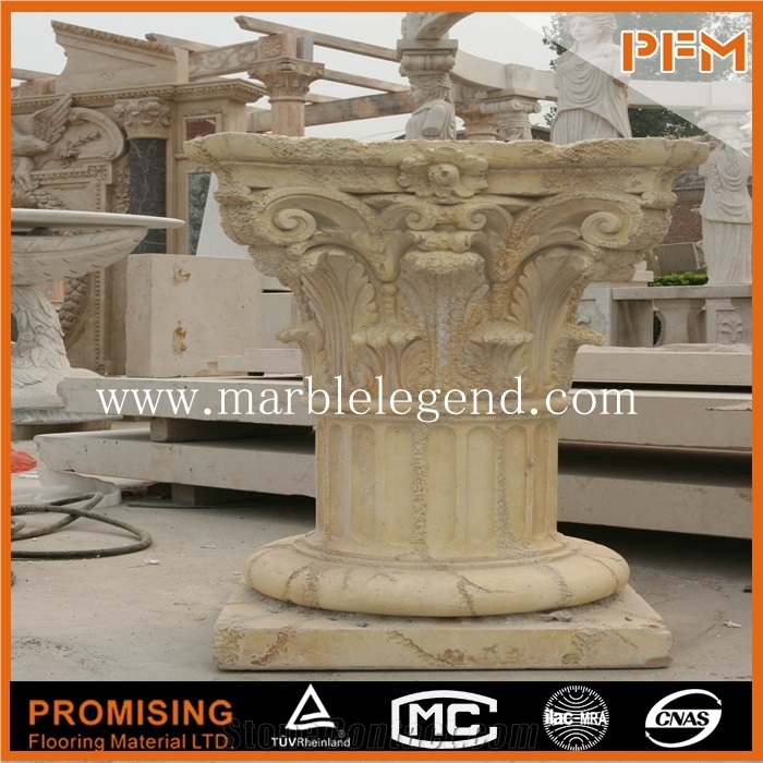 Outdoor Stone Beige Marble Carving Column,Hand Crafted Marble Column