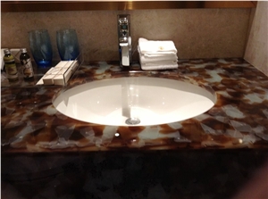 China Selling New Tech Brown Jade Glass Crystallized Onyx Stone Kitchen Hotel Bathroom Countertops, Man Made Stone Onyx Bathroom Countertops