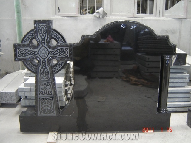 Indian Black Granite Monument with Cross Shape,Shanxi Black Tombstone & Memorial, Cross Carved Headstone