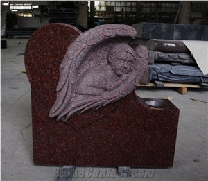 Indian Red Granite Monument with Baby Angel Sculpture,Imperial Red Tombstone with Angel Design,Red Carving Headstone & Memorial
