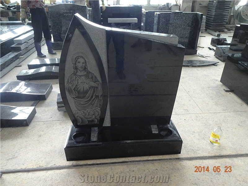 Shanxi Black Granite Monument with White & Black Dot Painting, Indian Black Lawn Memorial, Australian Style Tombstone