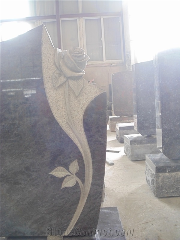 Vizag Blue Granite Monument with Flower Shape, Bahama Blue Tombstone with Carved Flower, Sculpture Headstone, American Style Memorial