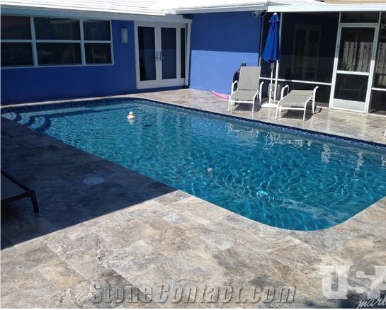Pool Deck with Silver French Pattern Travertine Pavers