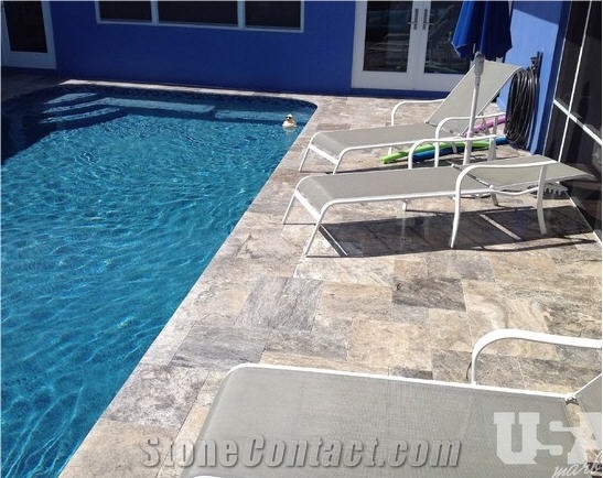 Pool Deck with Silver French Pattern Travertine Pavers