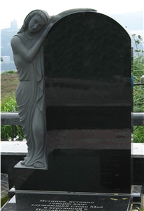 Absolute Black Granite Engraved Monuments, Shanxi Black Tombstone with Carved Statue Maria