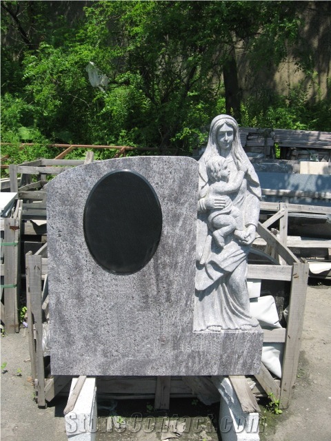 Bahama Blue Granite Mary Statue Tombstone, Monuments with Virgin Mary