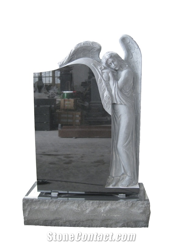 Shanxi Black Granite Angel Monument & Tombstones, Headstone with Hand Carved Angel Statue