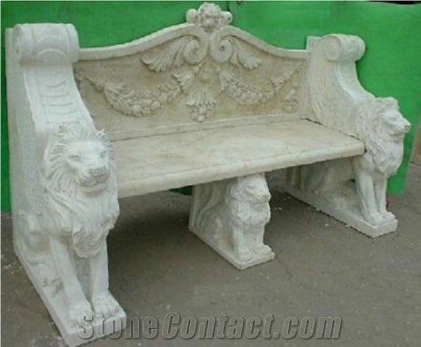 Beige Marble Antique Lion Bench, Beige Marble Bench & Table