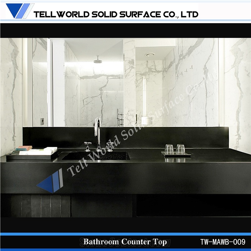 China Black High Polished Bathroom Vanity Tops, Acrylic Solid Surface Vanity Tops