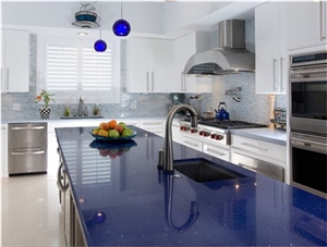 Artificial Quartz Stone Slab in Galaxy Blue for Pre-Fabricated Top Right for Your Home and Budget Countertop Normally Produced Slab Size 118*55 and 126*63,Top Quality and More Durable Than Granite