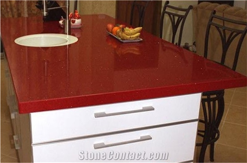 Cut to Size China Red Quartz Stone Kitchen Counter Top Worktop Table Top Projects Slab Sizes 3000*1400mm and 3200*1600mm More Durable Than Granite with a Variety Of Edge Profile Opotion