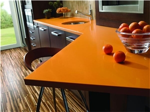 Cut to Size Quartz for Multifamily/Hospitality Projects Mainly for Bathroom Vanity Top Kitchen Countertop in Bright Orange Surface Standard Slab Sizes 3000*1400mm and 3200*1600mm