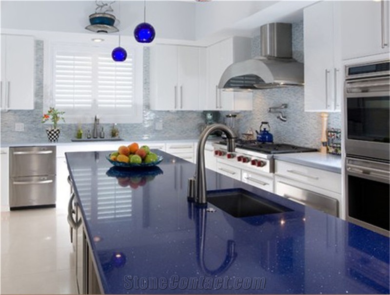 Professional and Experienced Wholesaler Of Quartz Stone with Bright Surface,Sparkle Blue Shining Series Kitchen Countertop in Custom Design,Easy Wipe,Easy Clean,Top Quality