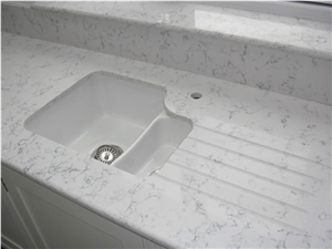 Quartz Stone That Look Like Carrara Marble for Pre-Fabricated Countertop with Single Bowl,Normally Produced Slab Size 118*55 and 126*63,Top Quality and Service,More Durable Than Granite