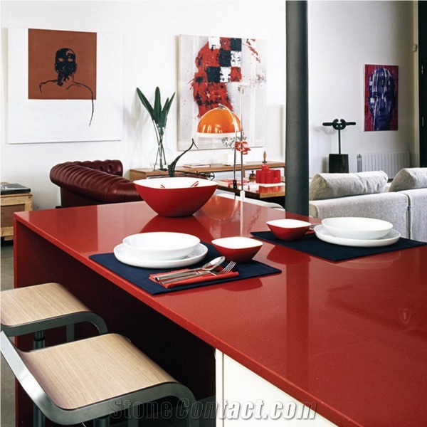 Ruby China Red Quartz Stone Kitchen Countertop 2cm Eased Edge and Customized Sizes