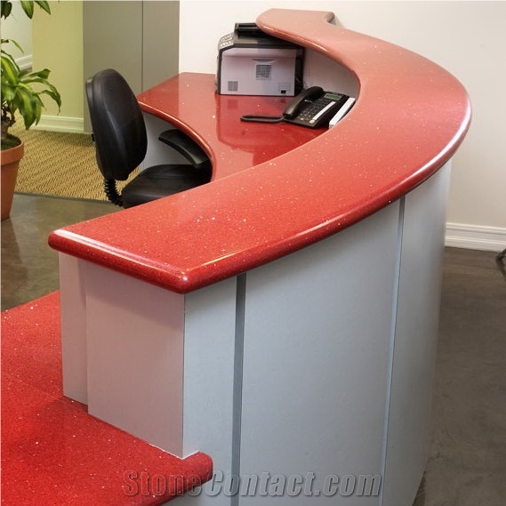 Sparkle Red Quartz Stone Reception Desk Top in Customized Sizes and Various Edges and Polished Surfaces