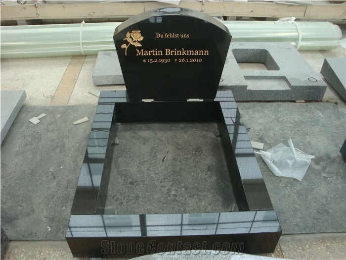 Engraved Rose Black Granite Headstones with Kerba