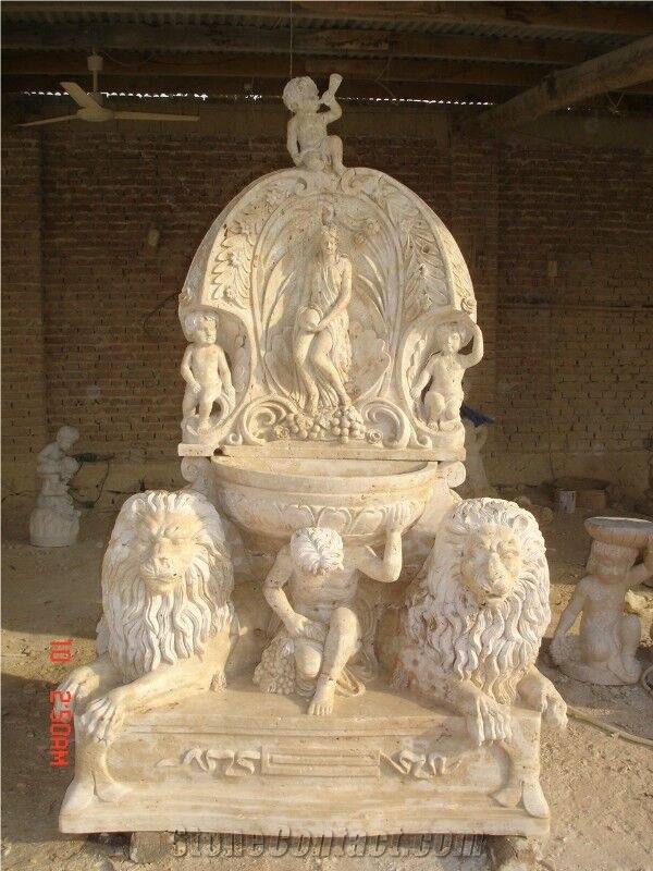 China Beige Hand Carving Marble Fountain Wall Fountain Western Figures Statues Fountains