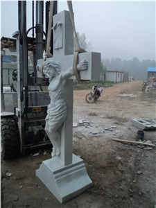 China White Marble Hand Carving Christ One the Cross Jesus Statues