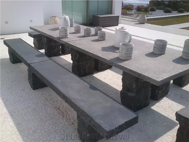 Shandong Blue Stone Table and Bench Honed Surface Rustic Sides Cheap Outdoor Stone Furniture