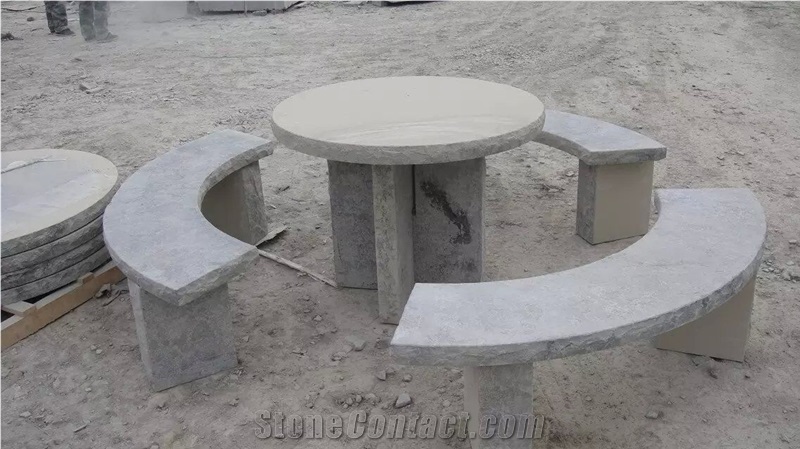 Shandong Blue Stone Table and Bench Honed Surface Rustic Sides Cheap Outdoor Stone Furniture