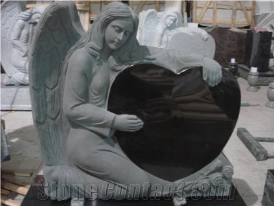 China Black Heart Tombstones ,Absolutely Black Granite Momument Design,Black Granite Tombstone with Angel Carving