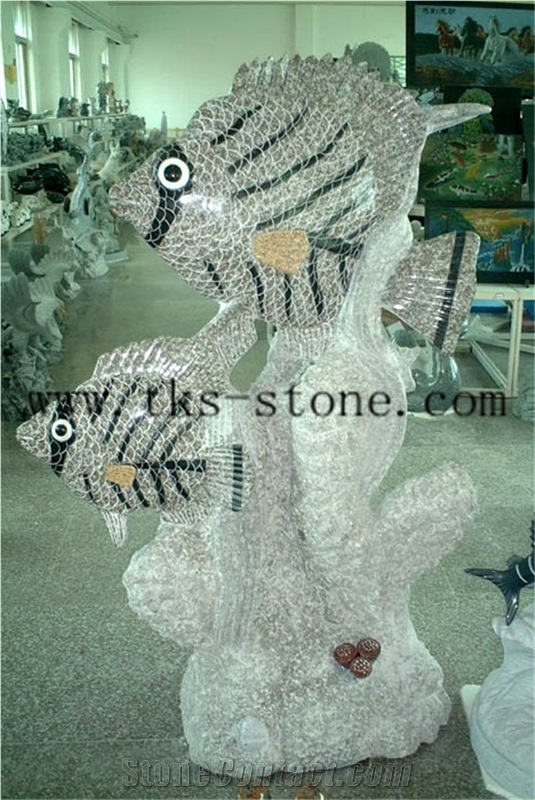 China Multicolor Granite Fish Carving/Marine Organism/Animal Sculptures