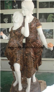 China White + Brown Marble Sculpture,Western Statues,Women Stone Sculptures,Outdoor Garden Sculpture,Dancing Women with Flowers Stone Carving,Square Handcrafts Sculpture