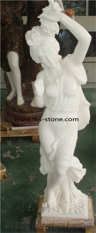 China White + Brown Marble Sculpture,Western Statues,Women Stone Sculptures,Outdoor Garden Sculpture,Dancing Women with Flowers Stone Carving,Square Handcrafts Sculpture