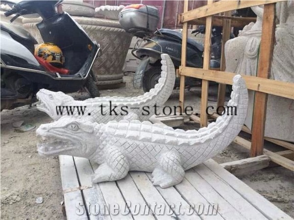 China White Granite Crocodile Animal Sculptures