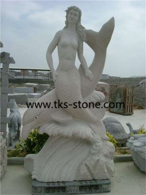 Chins Beige Granite Mermaid Sculpture,Garden Sculptures & Statues
