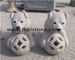 Dog on Ball Carving, Beige Granite Statues,Dog Sculptures,Dog Carving,Animal Sculptures, Garden Sculptures