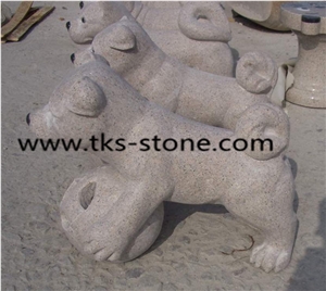 Dog on Ball Carving, Beige Granite Statues,Dog Sculptures,Dog Carving,Animal Sculptures, Garden Sculptures