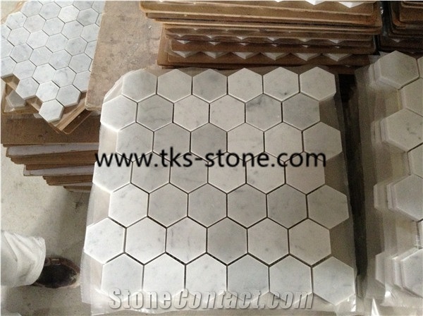 Hexagon Mosaics,White Marble Mosaic,Bianco Carrara White Marble Mosaics