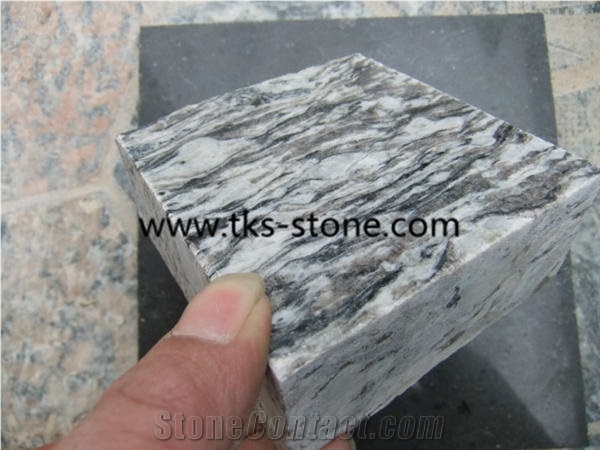 Spray white,Wave white,Sea wave flower granite cobble stone,granite cube stone