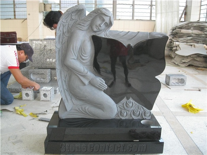 Black Granite Angel with Butterfly Tombstone and Monument Design