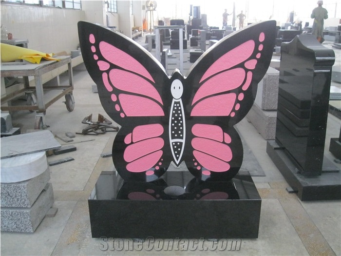 Black Granite Butterfly Shaped Tombstone Design